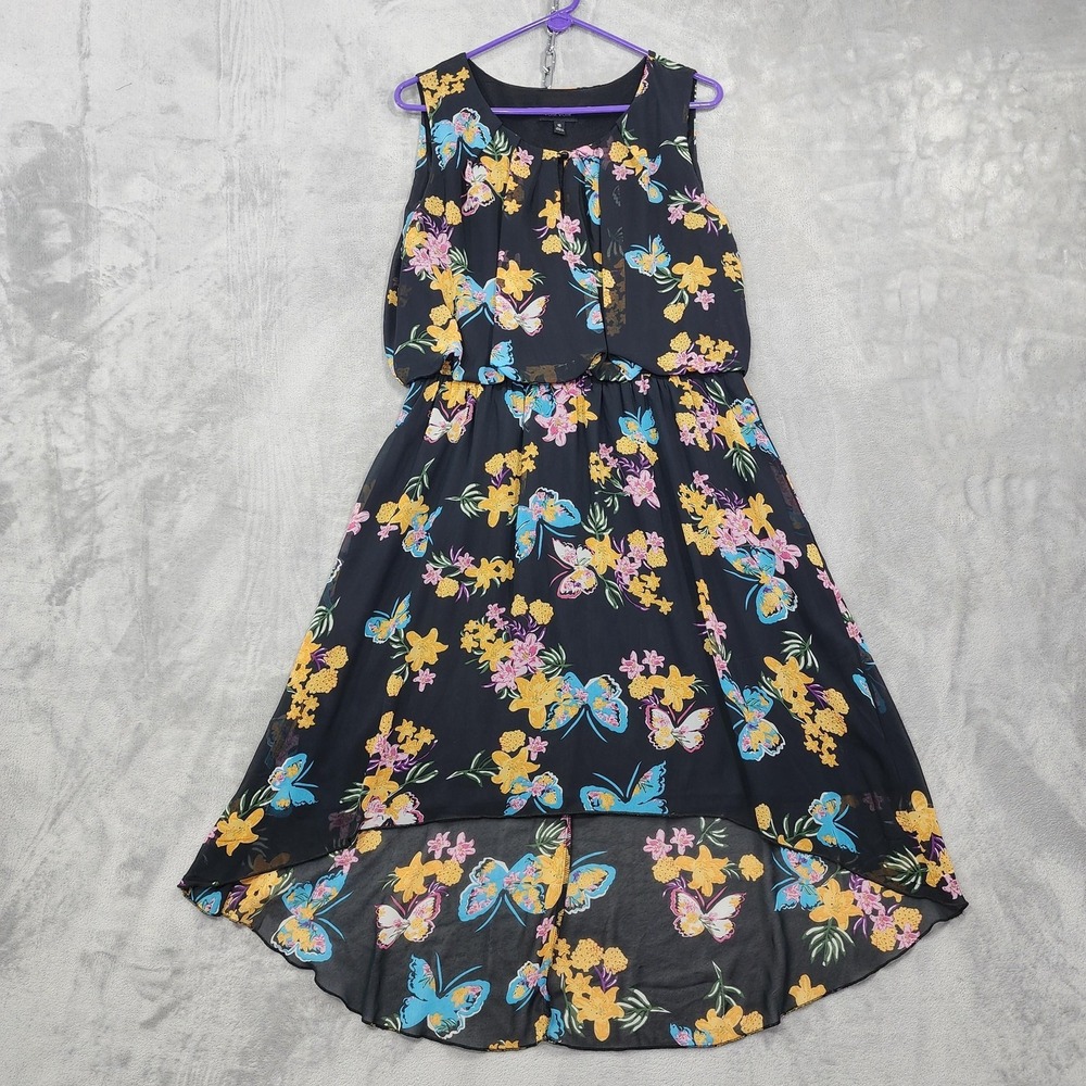 Voir Voir Dress Womens 16 Black Floral Butterfly Hi-Low Chiffon Sleeveless Lined